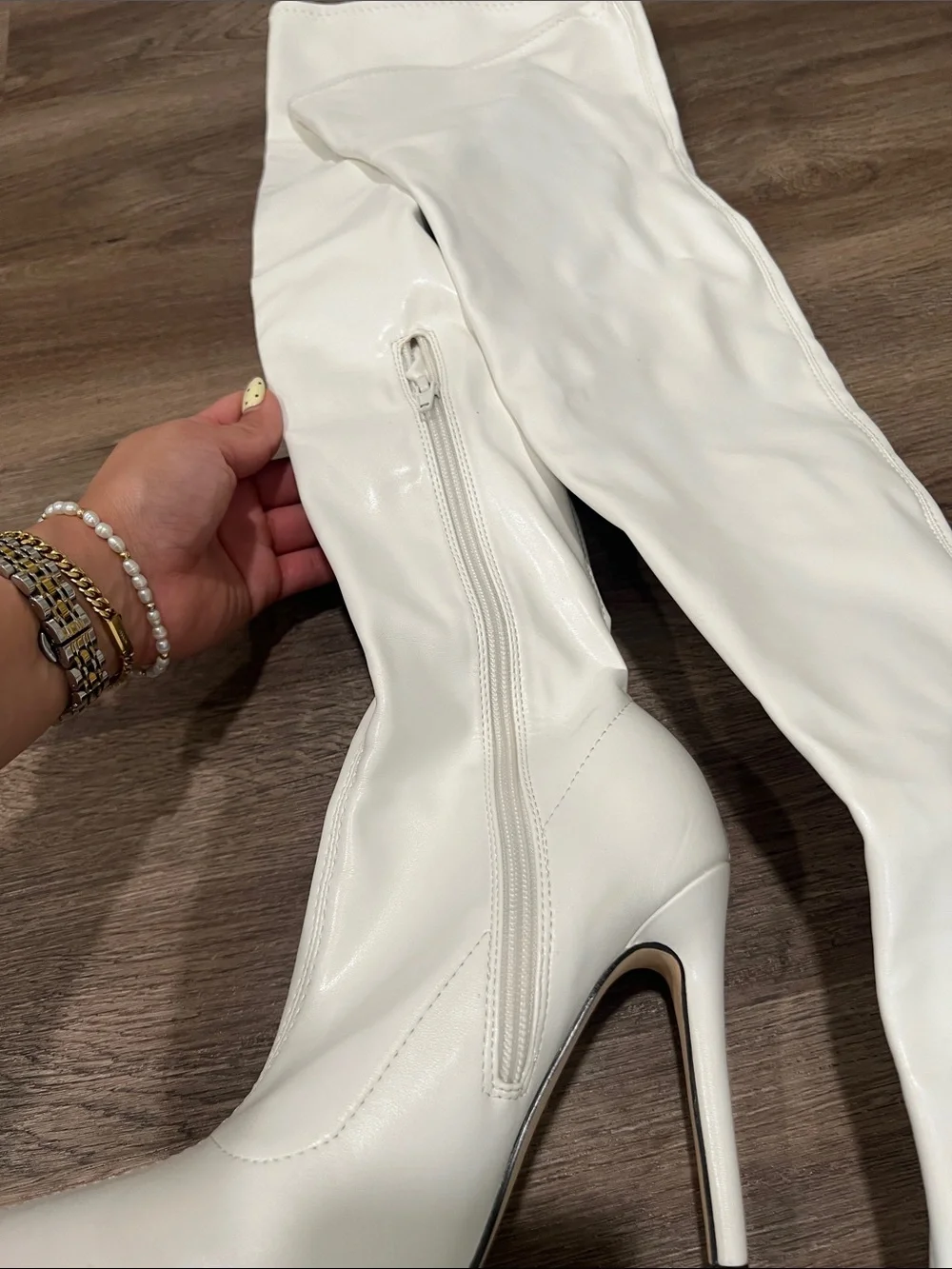 Fashion Nova White Over-the-Knee Pointed Stiletto Boots